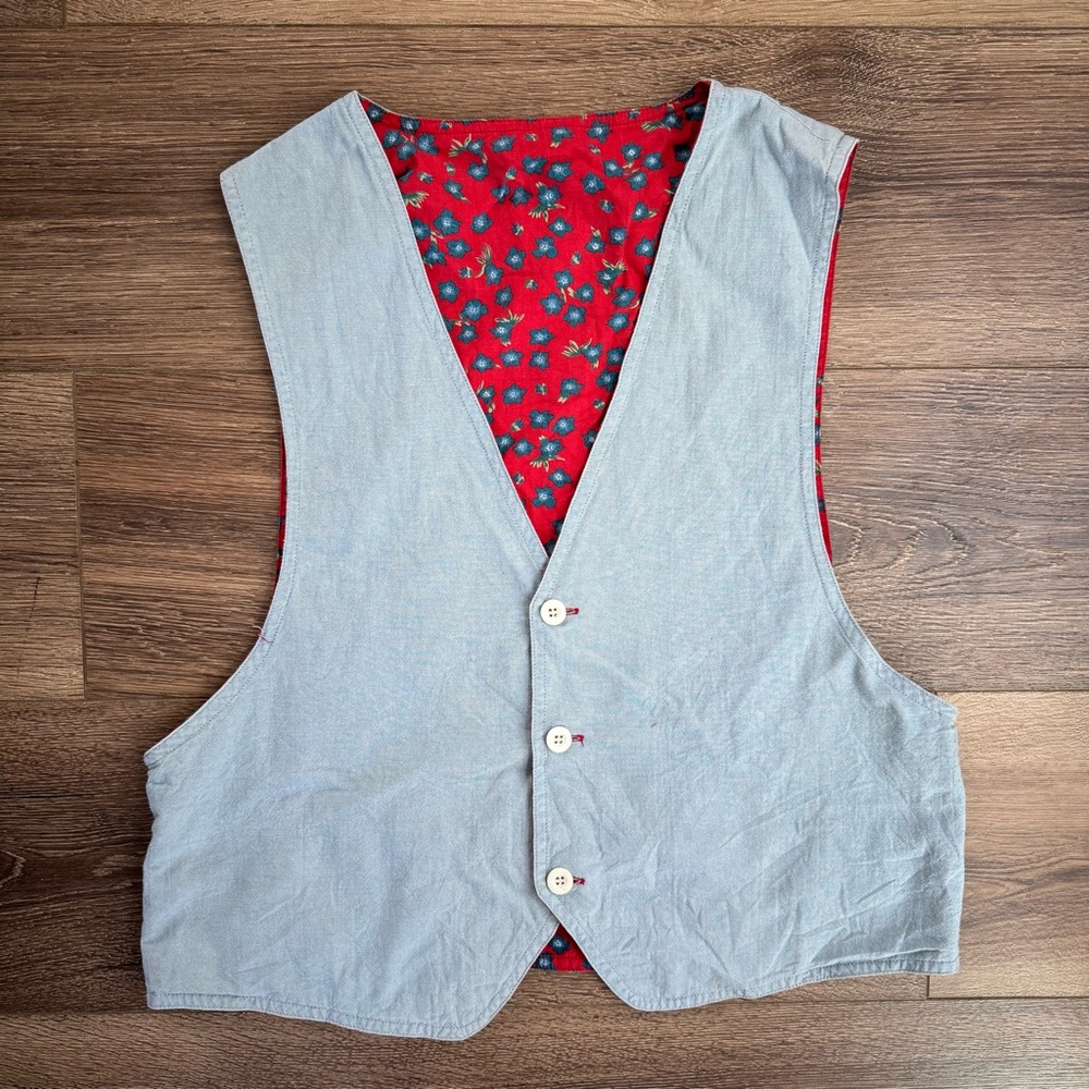 Vintage Reversible Vest, Light Denim with Red Floral Lining